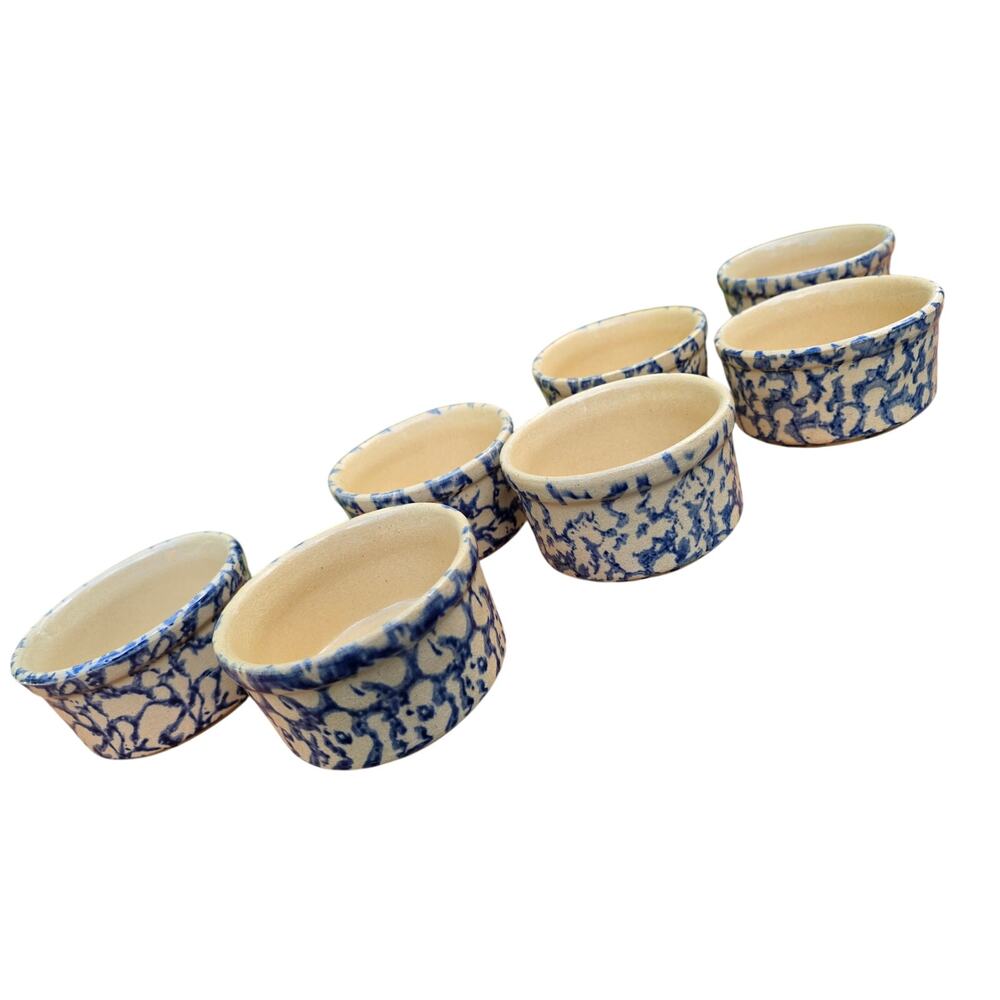 Robinson Ransbottom Blue Spongeware Crock Ramekins Roseville OH Set of 8